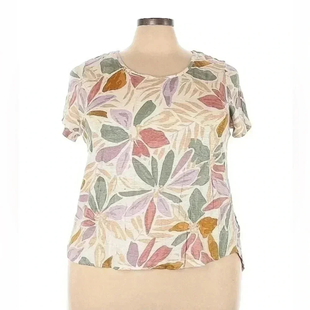 Nicole Miller New York | Tropical Floral Linen Short Sleeve Top Size 3X